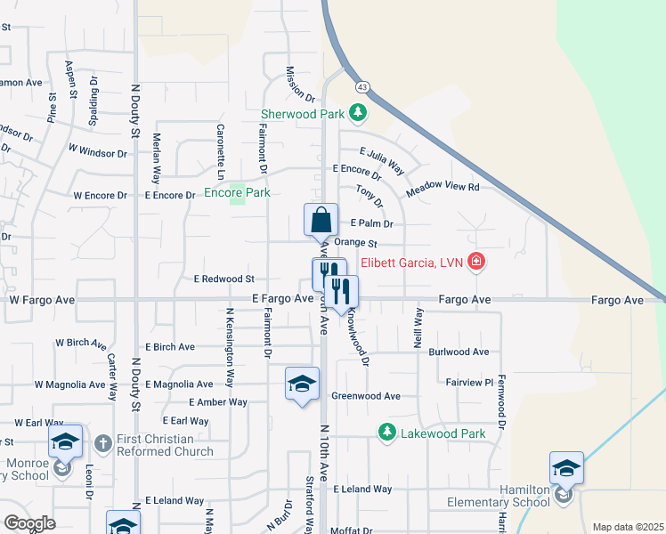map of restaurants, bars, coffee shops, grocery stores, and more near 2580 Pine Castle Drive in Hanford