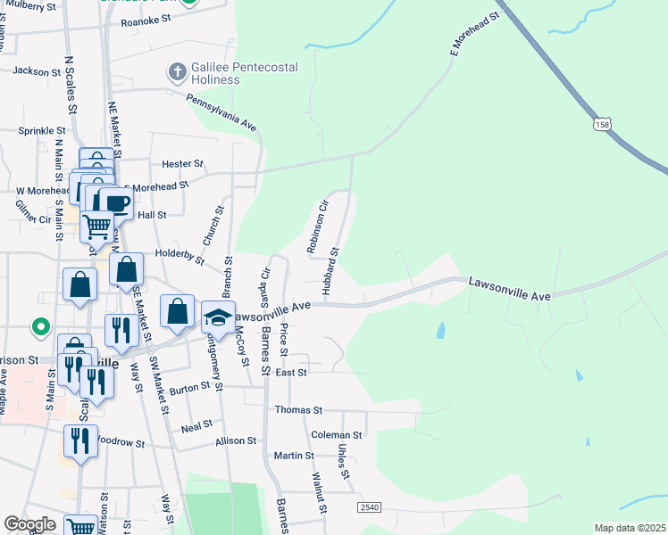 map of restaurants, bars, coffee shops, grocery stores, and more near 207 Hubbard Street in Reidsville