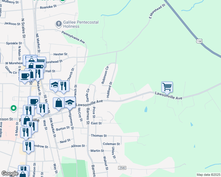 map of restaurants, bars, coffee shops, grocery stores, and more near 207 Hubbard Street in Reidsville