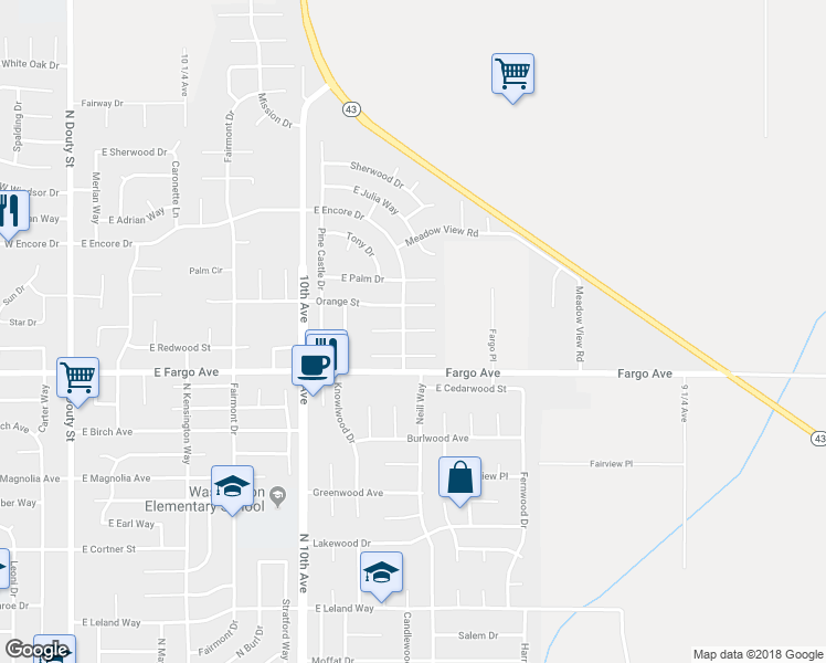 map of restaurants, bars, coffee shops, grocery stores, and more near 881 Willow Circle in Hanford
