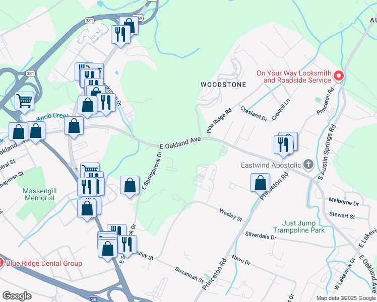 map of restaurants, bars, coffee shops, grocery stores, and more near 2811 E Oakland Ave in Johnson City