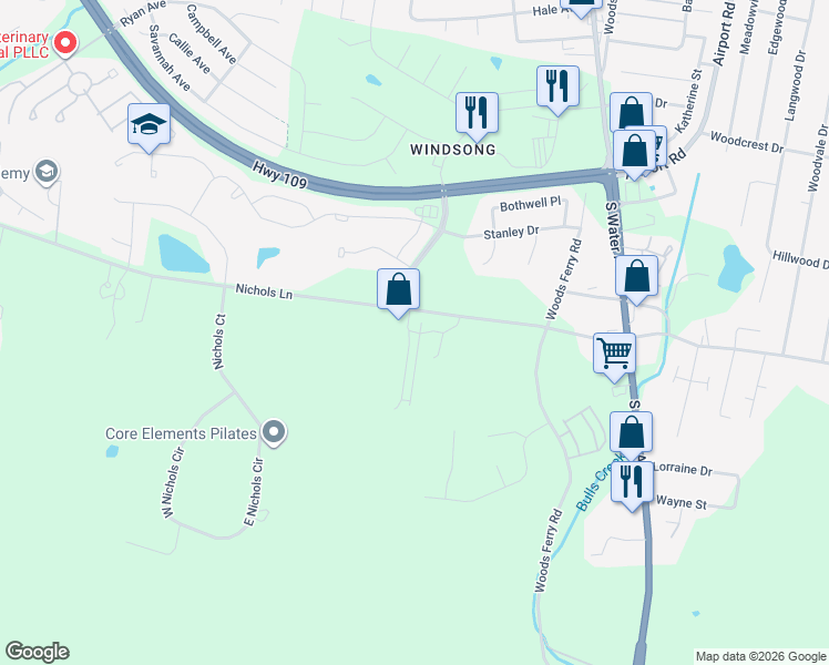 map of restaurants, bars, coffee shops, grocery stores, and more near 335 Nichols Lane in Gallatin