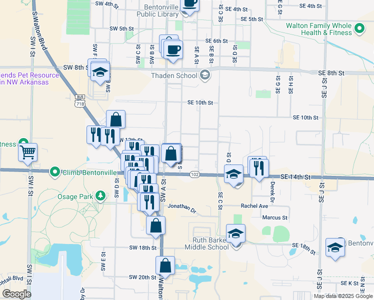map of restaurants, bars, coffee shops, grocery stores, and more near 102 Southeast 12th Street in Bentonville