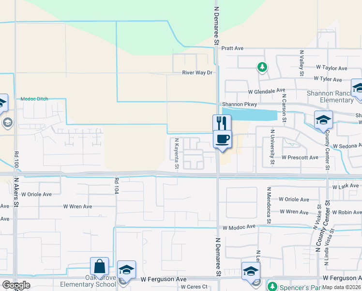 map of restaurants, bars, coffee shops, grocery stores, and more near 3214 North Kayenta Street in Visalia