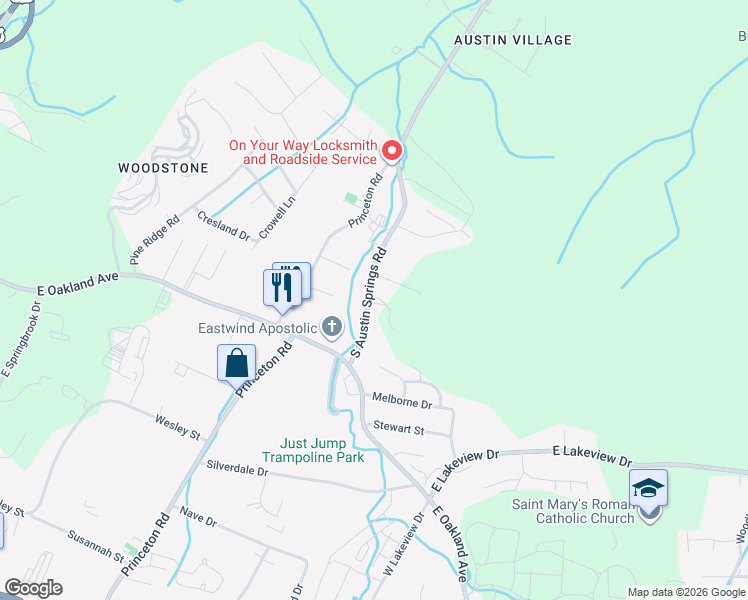 map of restaurants, bars, coffee shops, grocery stores, and more near 142 South Austin Springs Road in Johnson City