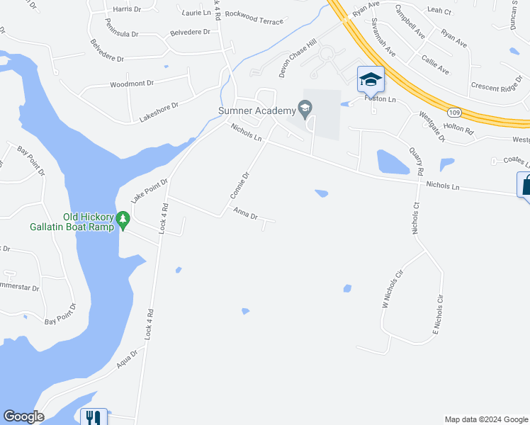 map of restaurants, bars, coffee shops, grocery stores, and more near 496 Anna Drive in Gallatin
