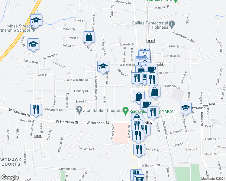 map of restaurants, bars, coffee shops, grocery stores, and more near 306 Maple Avenue in Reidsville