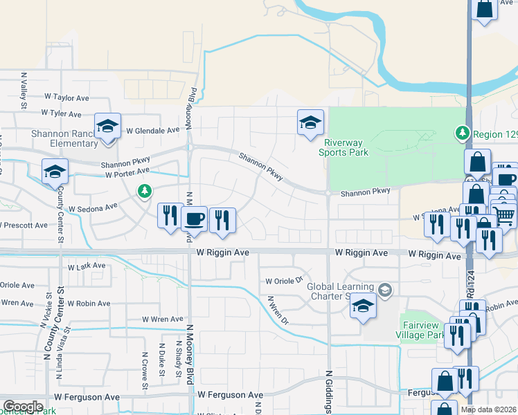 map of restaurants, bars, coffee shops, grocery stores, and more near 1830 West Corvina Avenue in Visalia