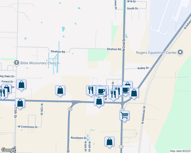 map of restaurants, bars, coffee shops, grocery stores, and more near 505 West Forest Drive in Rogers
