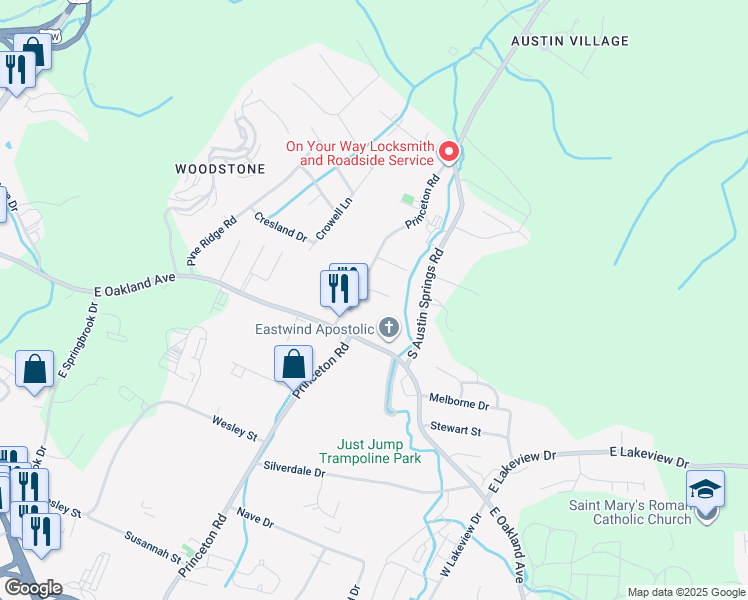 map of restaurants, bars, coffee shops, grocery stores, and more near 606 Princeton Road in Johnson City