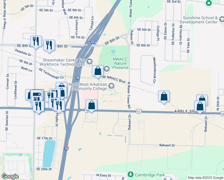 map of restaurants, bars, coffee shops, grocery stores, and more near 1 College Drive in Bentonville