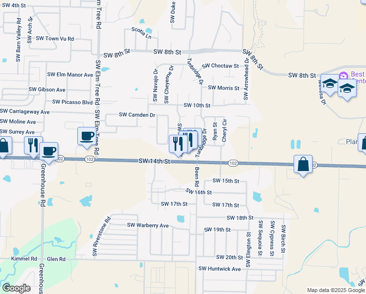 map of restaurants, bars, coffee shops, grocery stores, and more near 1301 Southwest Apache Drive in Bentonville
