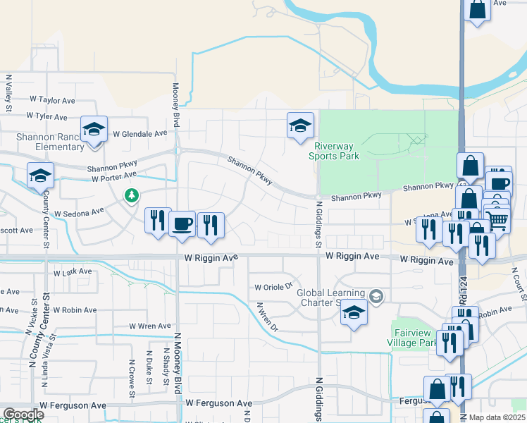 map of restaurants, bars, coffee shops, grocery stores, and more near Shannon Parkway in Visalia