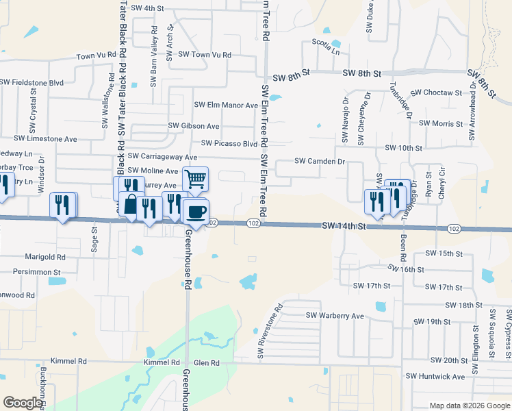 map of restaurants, bars, coffee shops, grocery stores, and more near 1250 Southwest Elm Tree Road in Bentonville