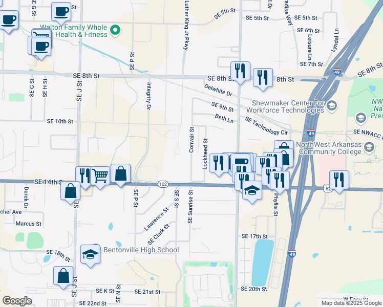 map of restaurants, bars, coffee shops, grocery stores, and more near 1204 Convair Street in Bentonville