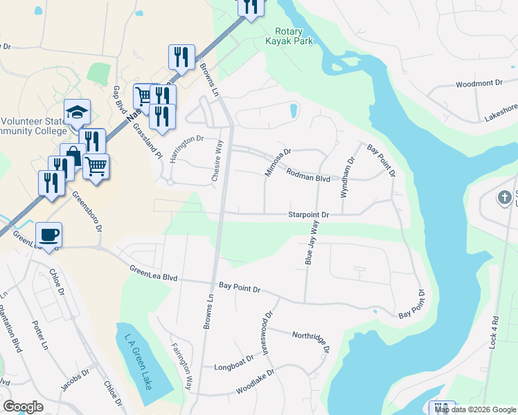 map of restaurants, bars, coffee shops, grocery stores, and more near 161 Mimosa Drive in Gallatin