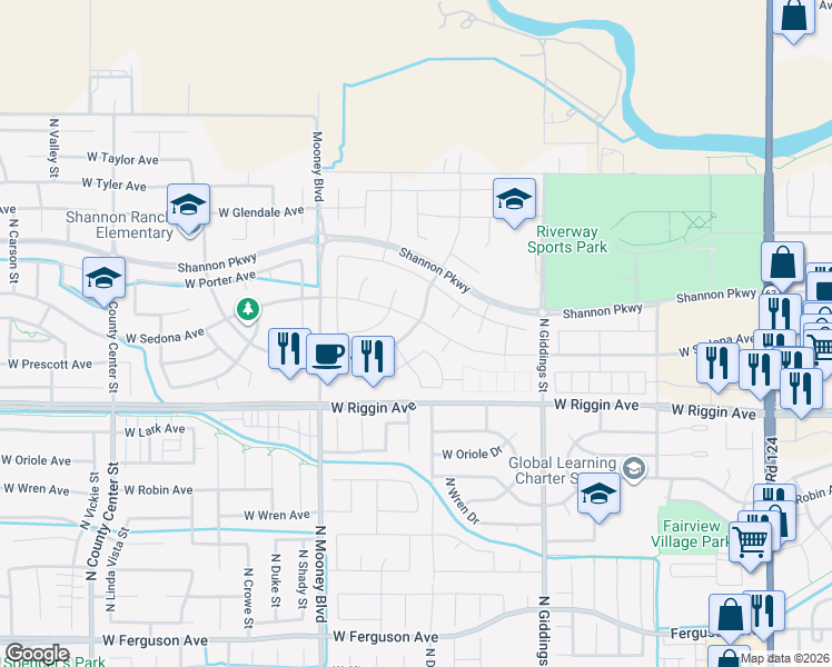 map of restaurants, bars, coffee shops, grocery stores, and more near 1830 West Corvina Avenue in Visalia