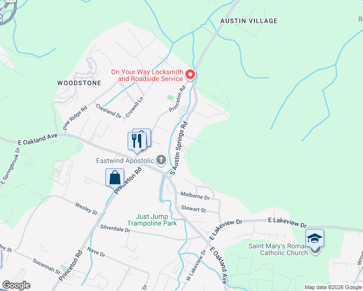 map of restaurants, bars, coffee shops, grocery stores, and more near 142 South Austin Springs Road in Johnson City