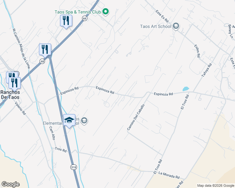 map of restaurants, bars, coffee shops, grocery stores, and more near 256 Espinoza Road in Ranchos de Taos