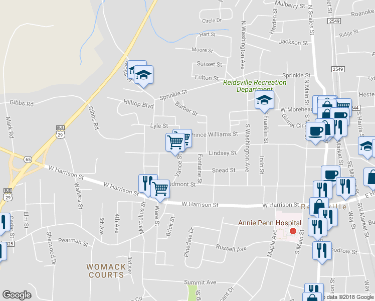 map of restaurants, bars, coffee shops, grocery stores, and more near 812 Lindsey Street in Reidsville