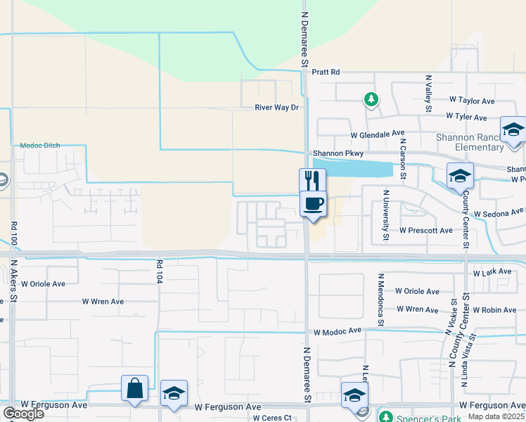map of restaurants, bars, coffee shops, grocery stores, and more near 3237 Winslow Street in Visalia