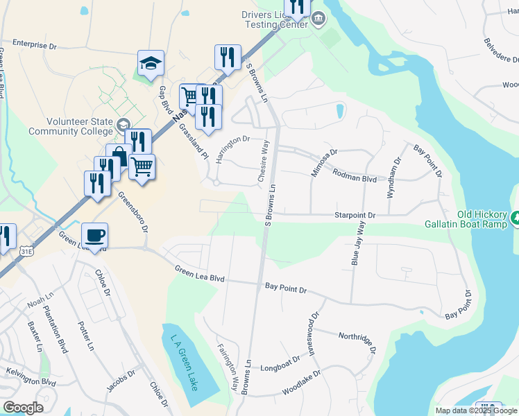 map of restaurants, bars, coffee shops, grocery stores, and more near 1010 South Browns Lane in Gallatin