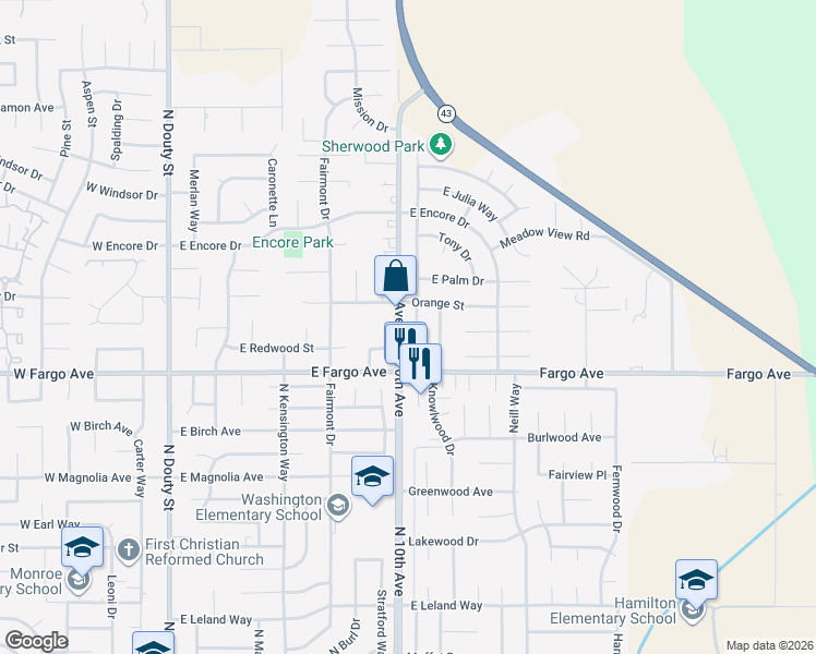 map of restaurants, bars, coffee shops, grocery stores, and more near 2596 Pine Castle Drive in Hanford
