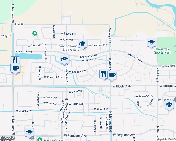 map of restaurants, bars, coffee shops, grocery stores, and more near 3238 Newport Street in Visalia