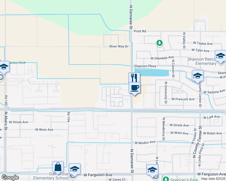 map of restaurants, bars, coffee shops, grocery stores, and more near 3209 Tilden Street in Visalia