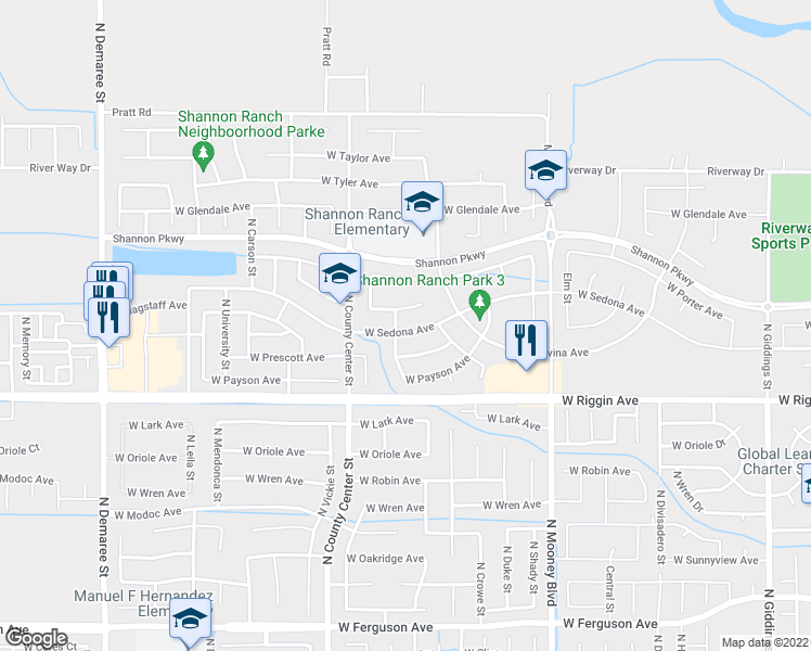 map of restaurants, bars, coffee shops, grocery stores, and more near 2650 West Sedona Avenue in Visalia