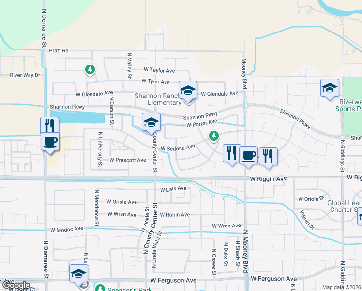 map of restaurants, bars, coffee shops, grocery stores, and more near 3235 North Verde Vista Street in Visalia