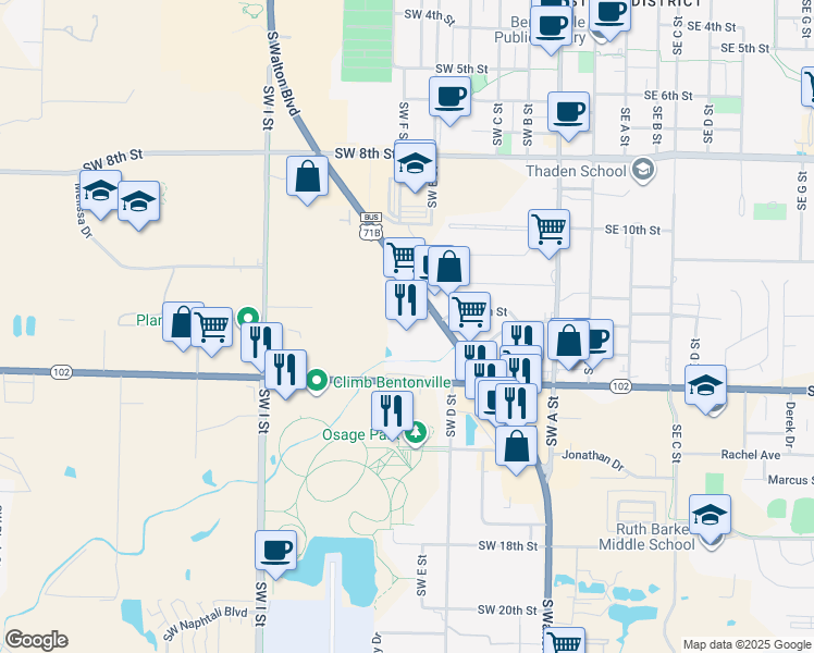 map of restaurants, bars, coffee shops, grocery stores, and more near 1120 South Walton Boulevard in Bentonville