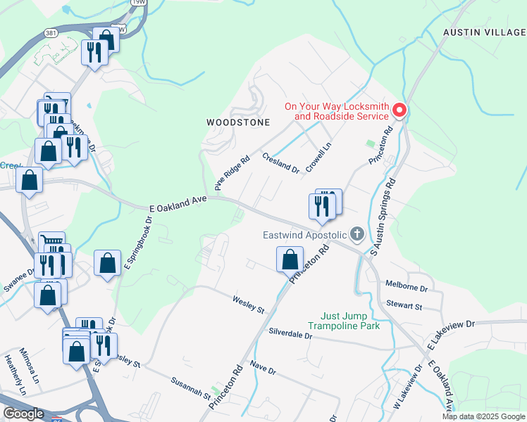 map of restaurants, bars, coffee shops, grocery stores, and more near 2734 East Oakland Avenue in Johnson City