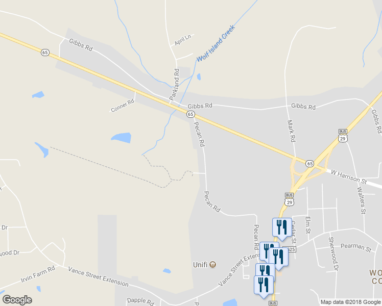 map of restaurants, bars, coffee shops, grocery stores, and more near 1630 Pecan Road in Reidsville