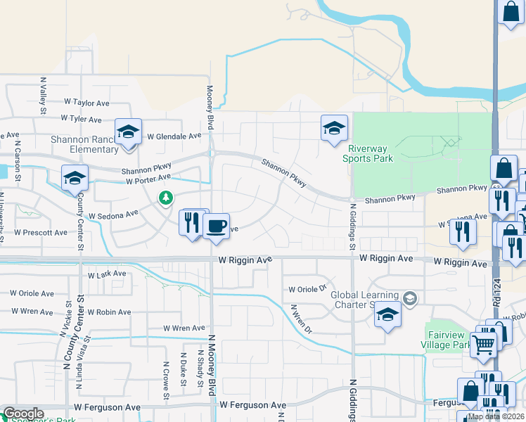 map of restaurants, bars, coffee shops, grocery stores, and more near 1830 West Corvina Avenue in Visalia