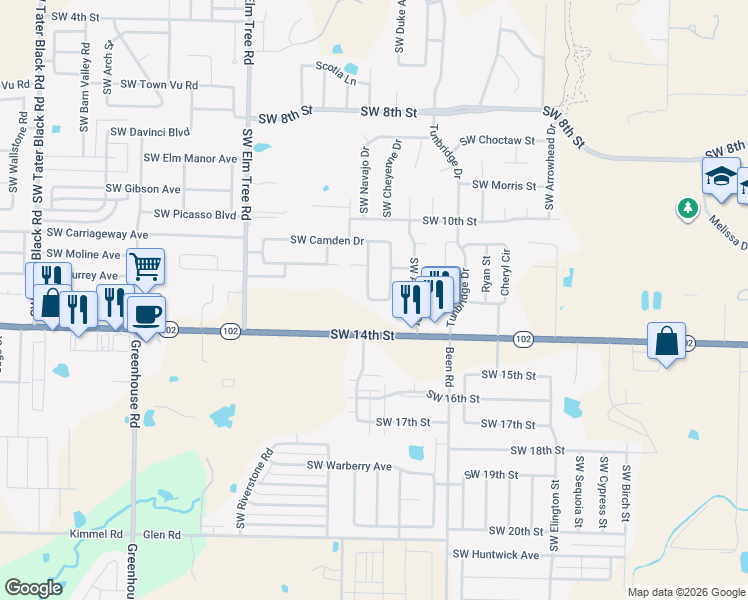 map of restaurants, bars, coffee shops, grocery stores, and more near Southwest Twilight Avenue in Bentonville
