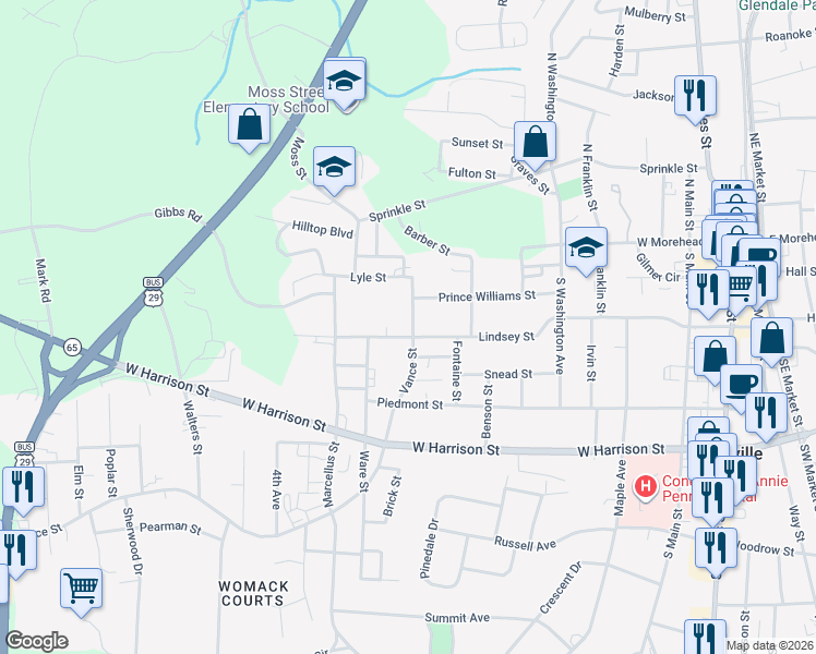 map of restaurants, bars, coffee shops, grocery stores, and more near 402 Vance Street in Reidsville