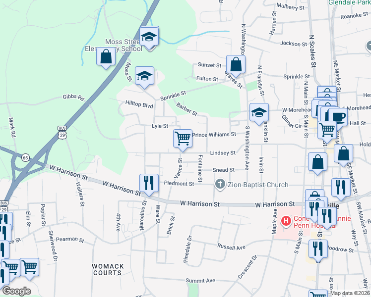 map of restaurants, bars, coffee shops, grocery stores, and more near 402 Vance Street in Reidsville