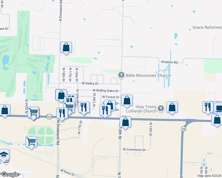 map of restaurants, bars, coffee shops, grocery stores, and more near 1311 West Rolling Oaks Drive in Rogers