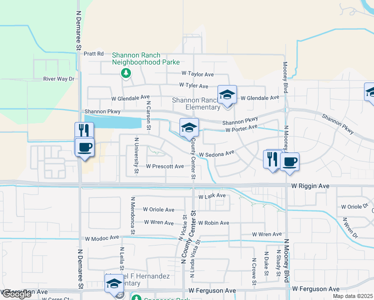 map of restaurants, bars, coffee shops, grocery stores, and more near 2816 West Sedona Avenue in Visalia