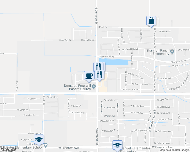 map of restaurants, bars, coffee shops, grocery stores, and more near 3708 West Flagstaff Avenue in Visalia