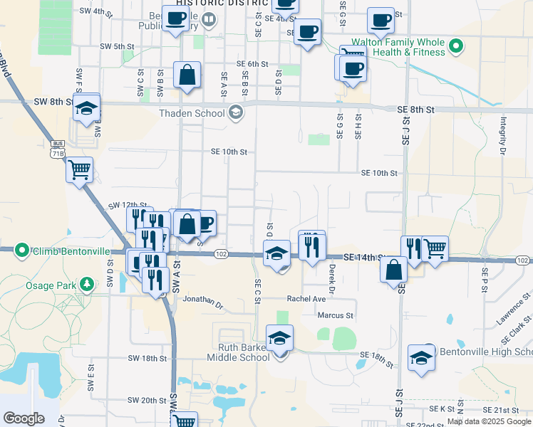 map of restaurants, bars, coffee shops, grocery stores, and more near 1209 Southeast D Street in Bentonville