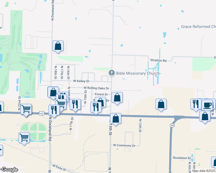 map of restaurants, bars, coffee shops, grocery stores, and more near 1303 West Rolling Oaks Drive in Rogers