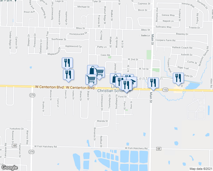 map of restaurants, bars, coffee shops, grocery stores, and more near 612 West Centerton Boulevard in Centerton