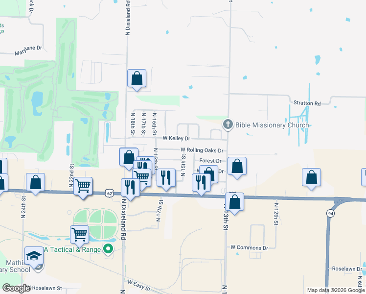 map of restaurants, bars, coffee shops, grocery stores, and more near 1504 Rolling Oaks Drive in Rogers