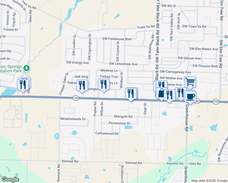 map of restaurants, bars, coffee shops, grocery stores, and more near 1230 East Centerton Boulevard in Centerton