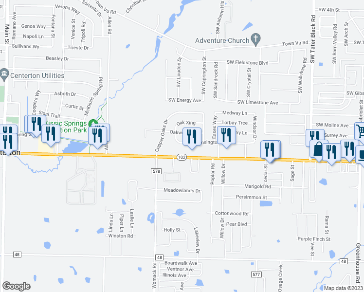 map of restaurants, bars, coffee shops, grocery stores, and more near 926 Kensington Drive in Centerton