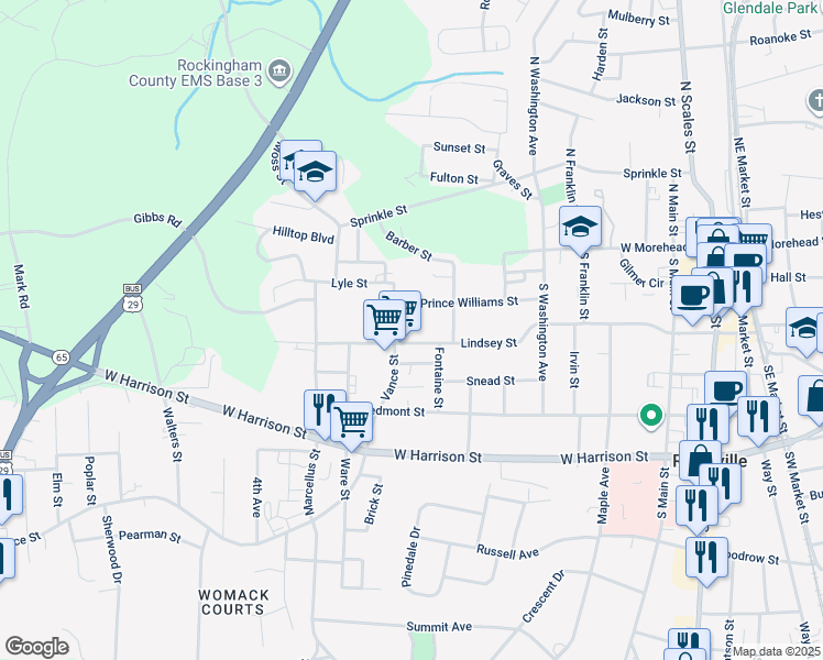 map of restaurants, bars, coffee shops, grocery stores, and more near 812 Lindsey Street in Reidsville
