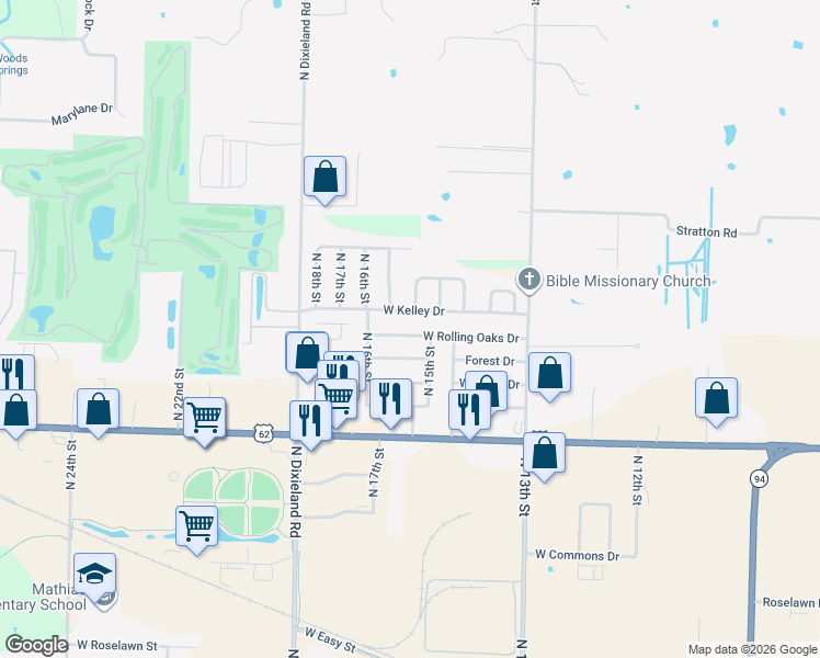 map of restaurants, bars, coffee shops, grocery stores, and more near 1504 Rolling Oaks Drive in Rogers