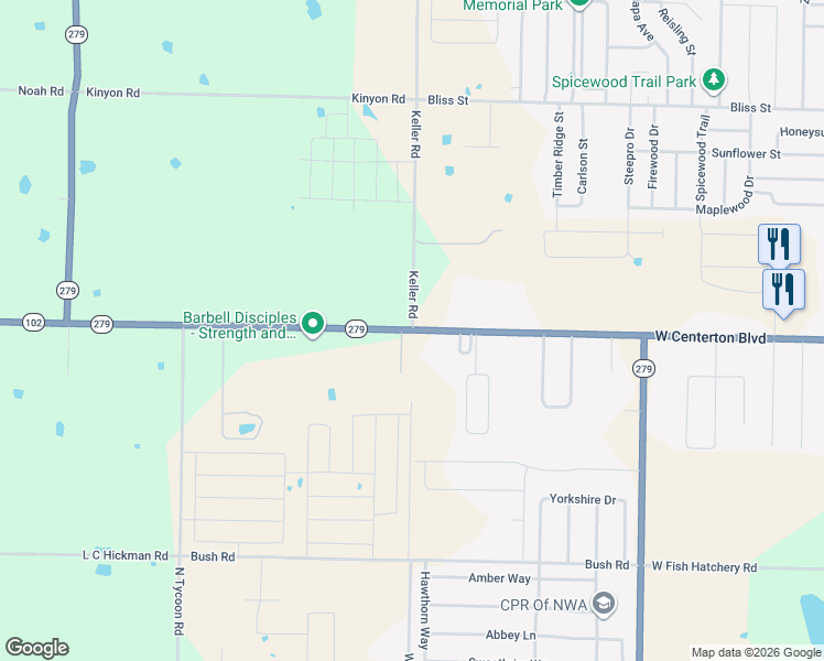 map of restaurants, bars, coffee shops, grocery stores, and more near 101 Keller Road in Centerton